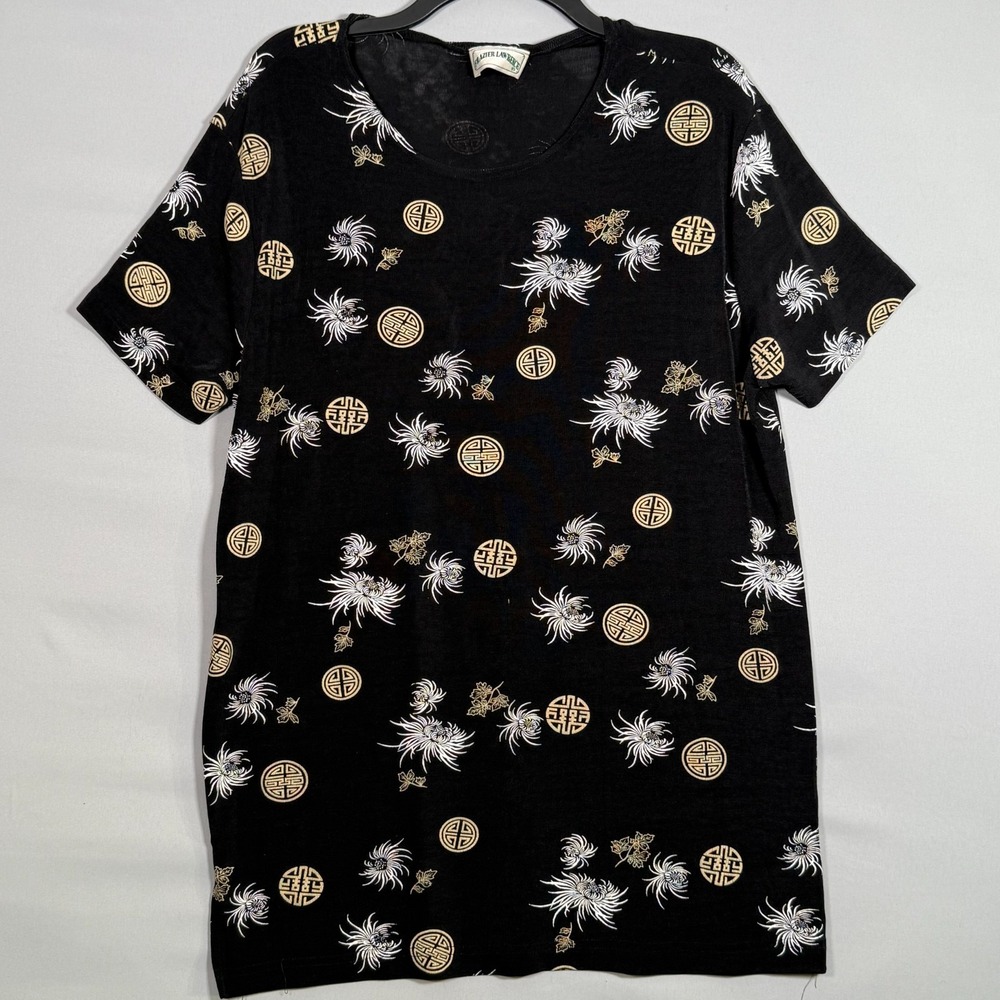 Vintage 90s Frazier Lawrence Shirt‎ Women XL Black Floral Asian Black Gold White